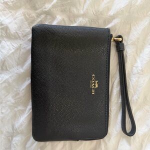 Coach Black Pebbled Leather Zip Wristlet with Gold Logo